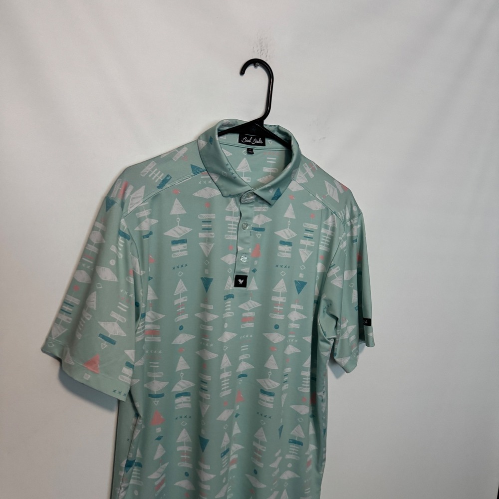 Bad Birdie Polo Shirt Mens Large Green Geometric AOP Performance Golf Stretch - Picture 2 of 9